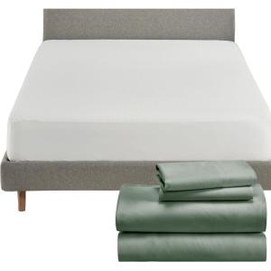 imageCalifornia Design Den 5 Piece Queen Size Sheet Set Sage Green and Waterproof Mattress Protector White Bundle  Soft 100 Cotton Sateen 4 Piece Sheet Set with 1 Mattress Protector
