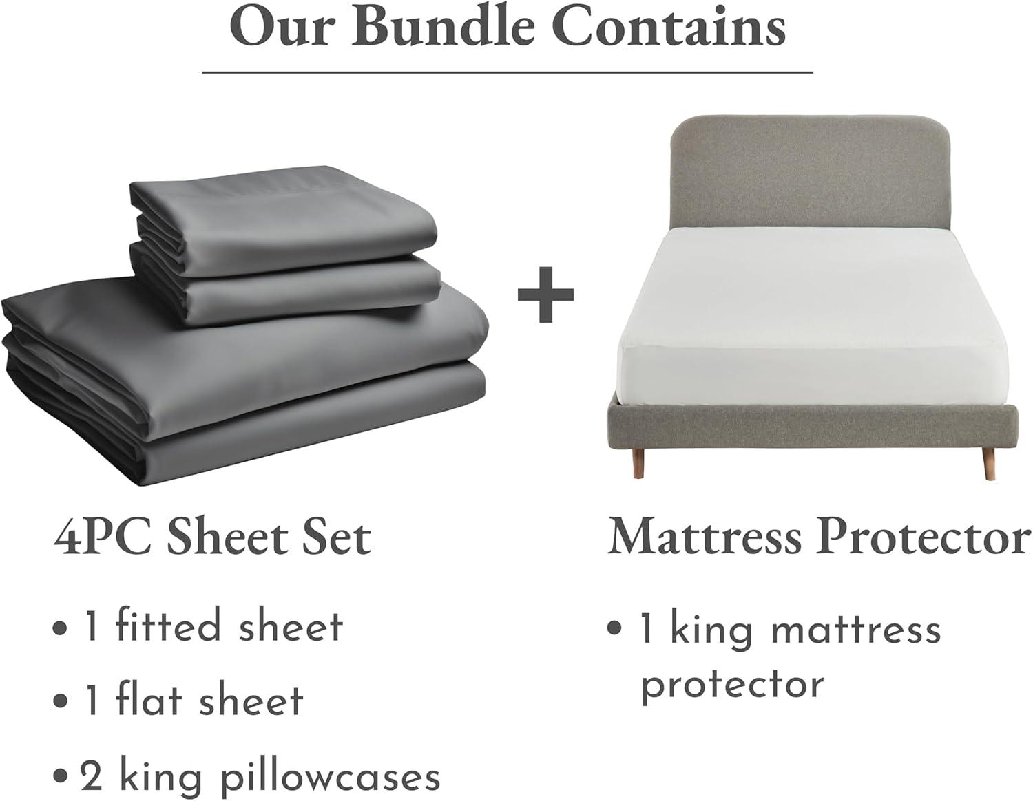 imageCalifornia Design Den 5 Piece King Size Sheet Set Grey and Waterproof Mattress Protector Bundle White  100 Egyptian Cotton Sateen 4 Piece Sheet Set with 1 Mattress Protector