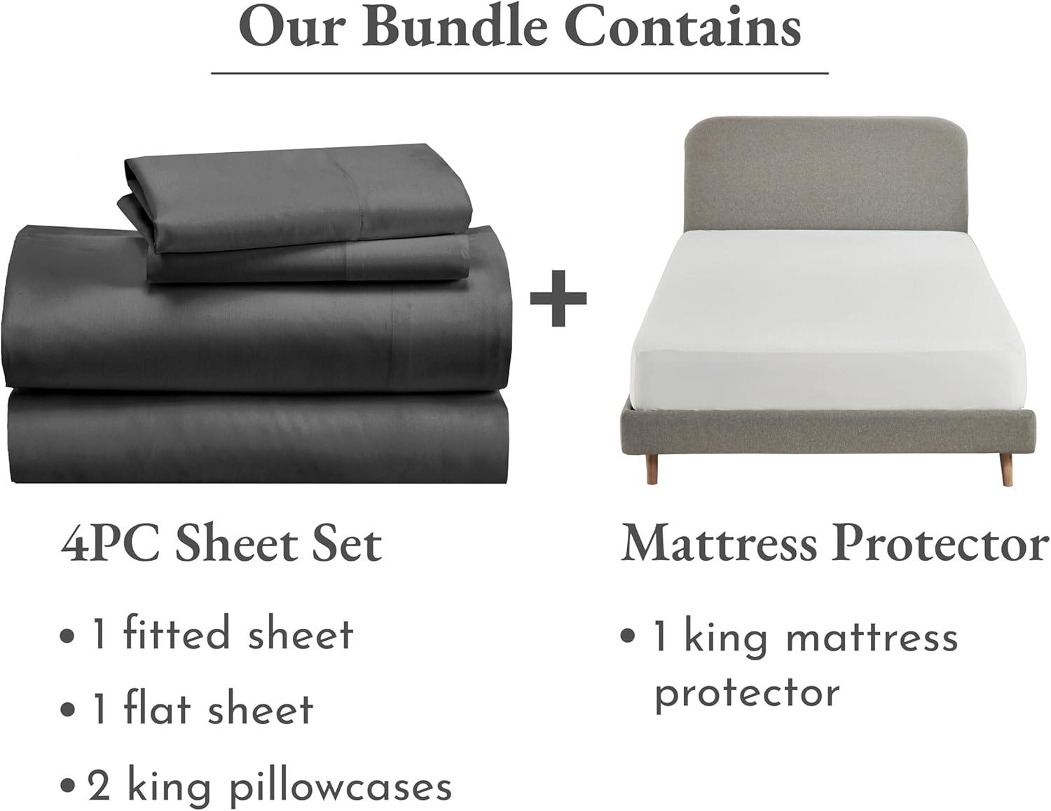 imageCalifornia Design Den 5 Piece King Size Sheet Set Grey and Waterproof Mattress Protector White Bundle  Rayon from Bamboo Sateen 4 Piece Sheet Set with 1 Mattress Protector