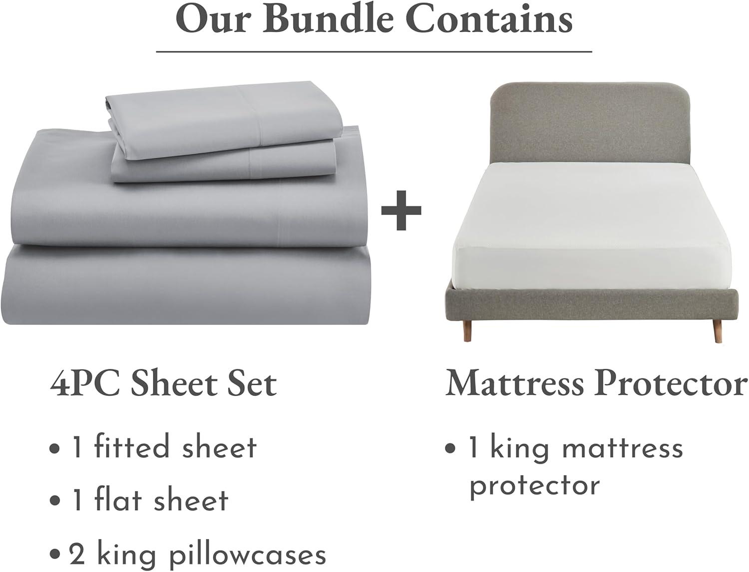 imageCalifornia Design Den 5 Piece King Size Sheet Set Light Grey and Waterproof Mattress Protector White Bundle  1000 Thread Count 100 Cotton Sateen 4 Piece Sheet Set with 1 Mattress Protector