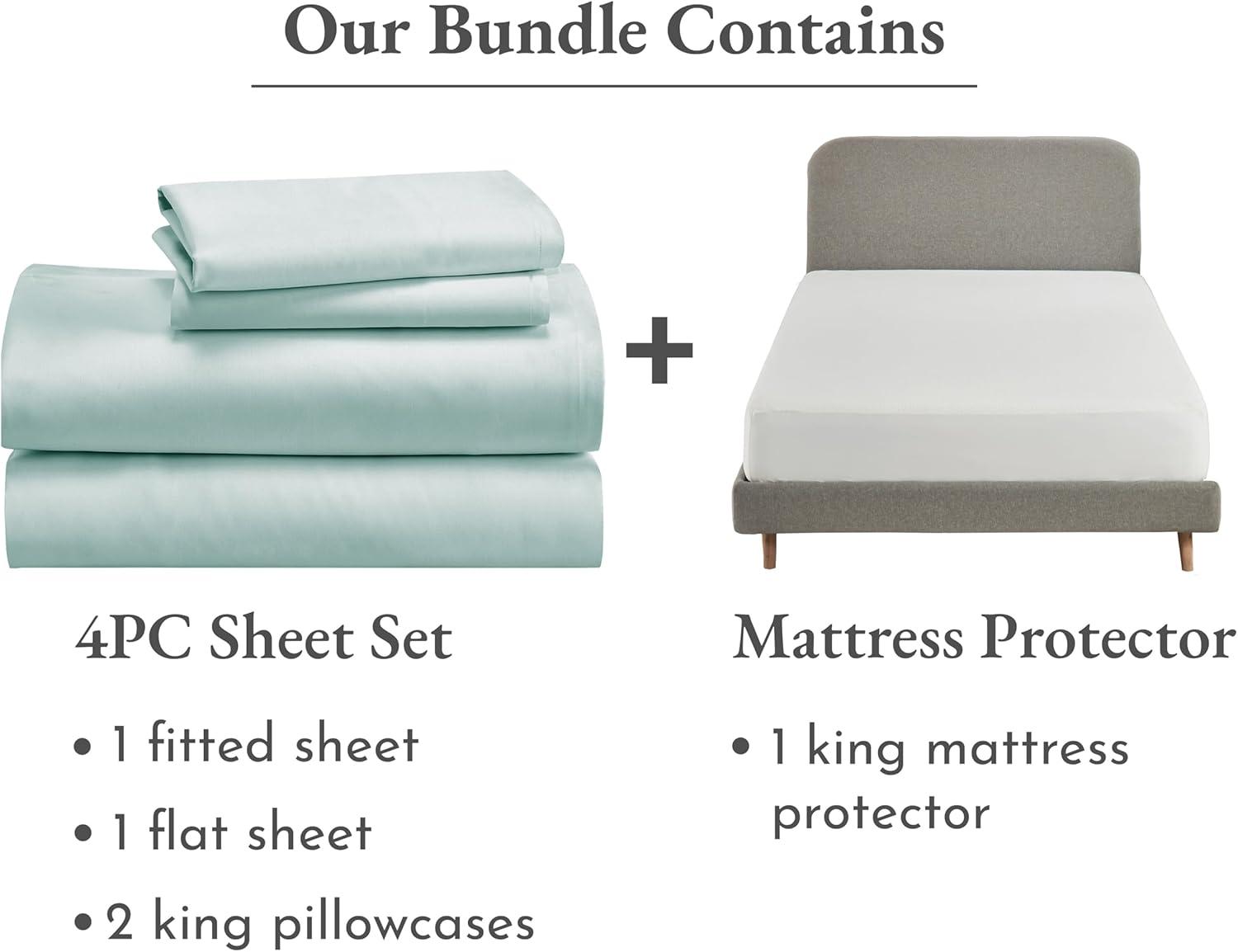 imageCalifornia Design Den 5 Piece King Size Sheet Set Seafoam and Waterproof Mattress Protector White Bundle  Soft 100 Cotton Sateen 4 Piece Sheet Set with 1 Mattress Protector