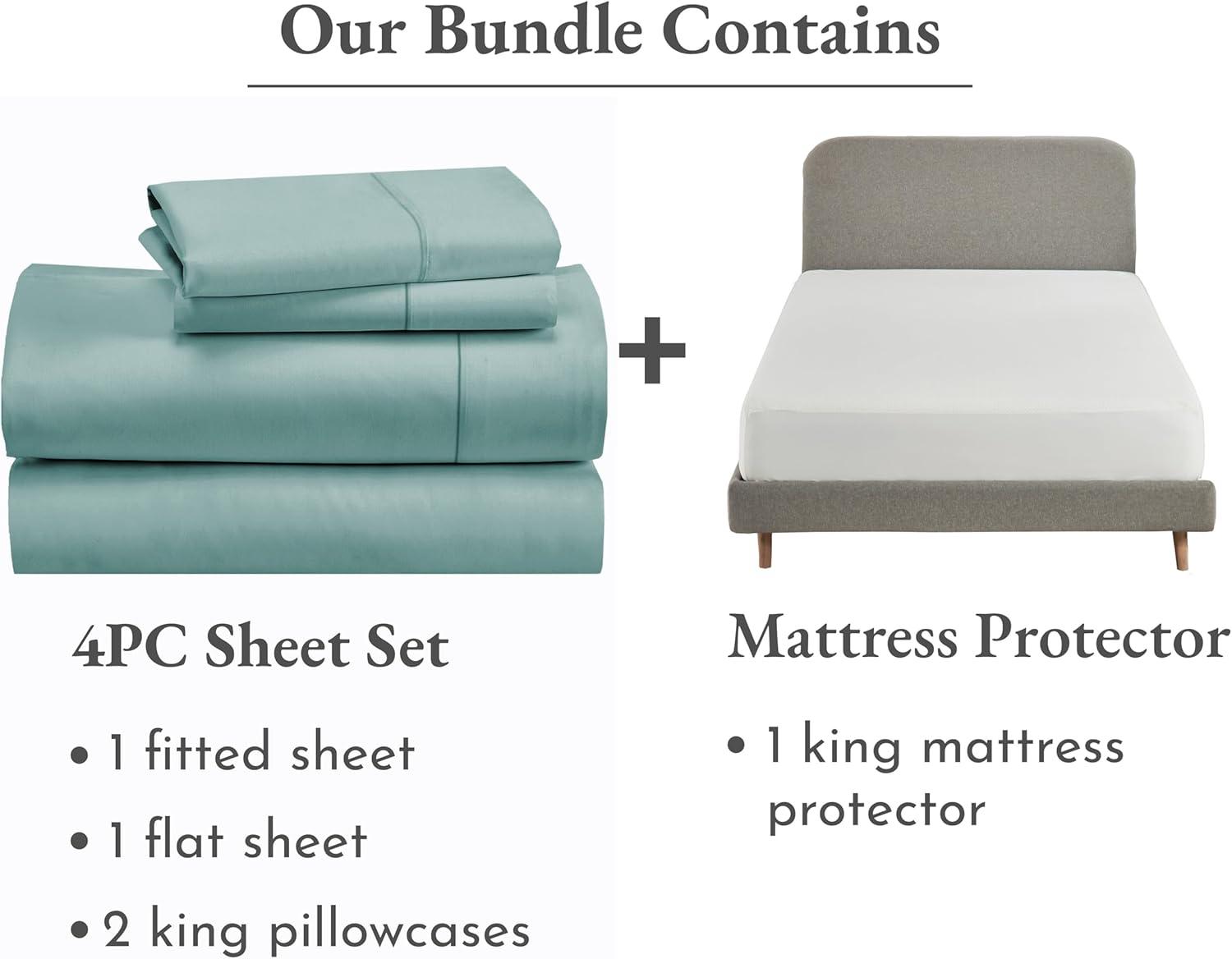 imageCalifornia Design Den 5 Piece King Size Sheet Set Teal and Waterproof Mattress Protector White Bundle  400 Thread Count 100 Cotton Sateen 4 Piece Sheet Set with 1 Mattress Protector