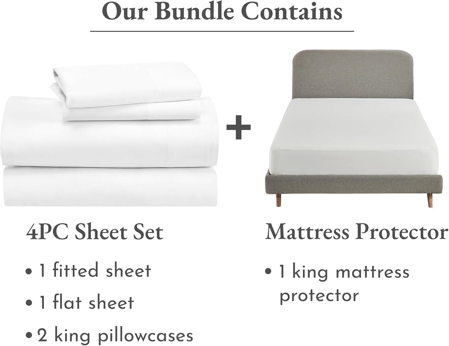 imageCalifornia Design Den 5 Piece King Size Sheet Set and Waterproof Mattress Protector Bundle  Rayon from Bamboo Sateen 4 Piece Sheet Set with 1 Mattress Protector White