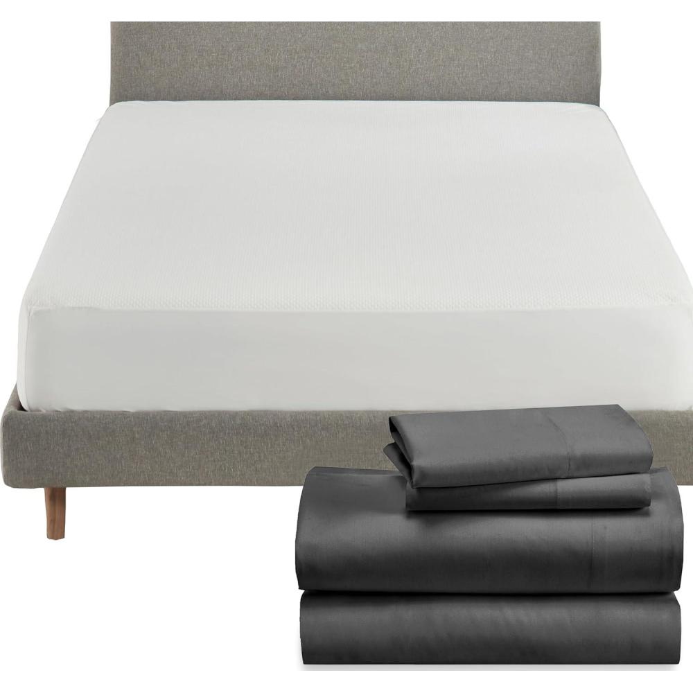 imageCalifornia Design Den 5 Piece King Size Sheet Set Grey and Waterproof Mattress Protector White Bundle  Rayon from Bamboo Sateen 4 Piece Sheet Set with 1 Mattress Protector