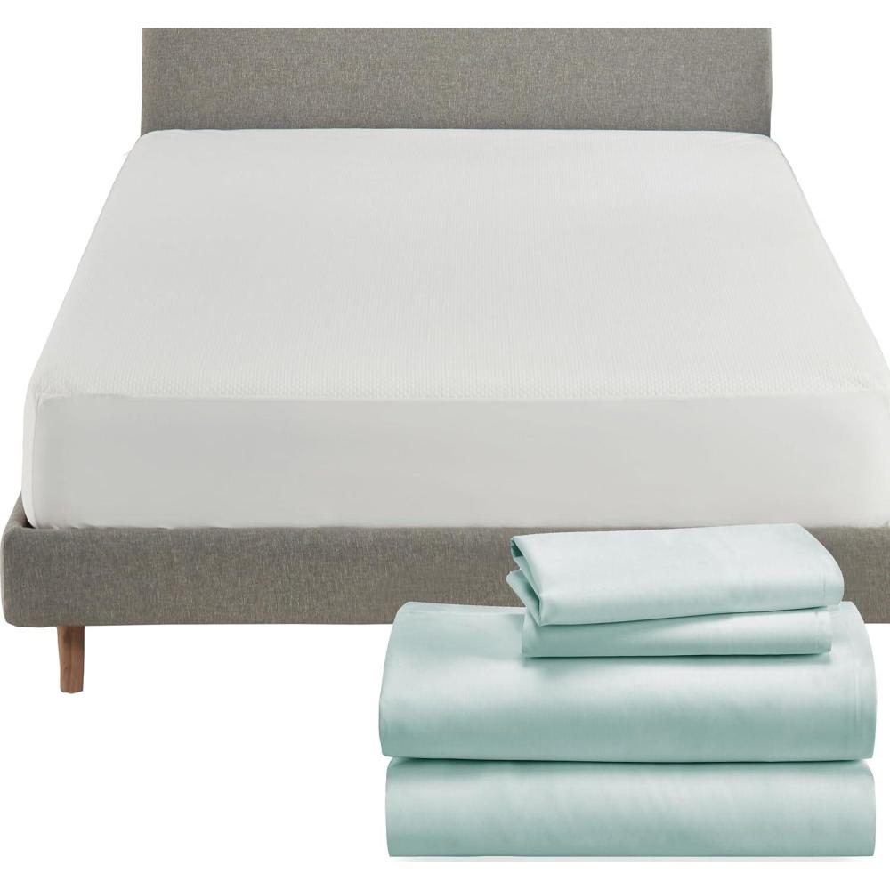 imageCalifornia Design Den 5 Piece King Size Sheet Set Seafoam and Waterproof Mattress Protector White Bundle  Soft 100 Cotton Sateen 4 Piece Sheet Set with 1 Mattress Protector