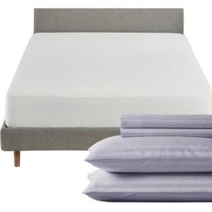 image5 Piece King Size Stripped Sheet Set Lavendar and Waterproof Mattress Protector White Bundle  500 Thread Count 100 Cotton Sateen 4 Piece Sheet Set with 1 Mattress Protector