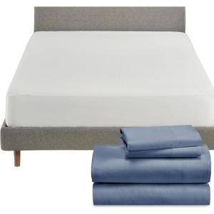 imageCalifornia Design Den 5 Piece King Size Sheet Set Blue Hydrangea and Waterproof Mattress Protector White Bundle  Rayon from Bamboo Sateen 4 Piece Sheet Set with 1 Mattress Protector