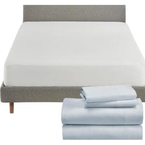 imageCalifornia Design Den 5 Piece King Size Sheet Set Light Blue and Waterproof Mattress Protector White Bundle  500 Thread Count 100 Cotton Sateen 4 Piece Sheet Set with 1 Mattress Protector