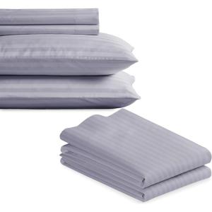 imageCalifornia Design Den Bedding Bundle  King Striped Sheet Set with 4 Pillowcases 500 Thread Count 100 Cotton Sateen Lavendar Striped