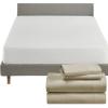 imageCalifornia Design Den 5 Piece King Size Sheet Set Beige and Waterproof Mattress Protector White Bundle  Rayon from Bamboo Sateen 4 Piece Sheet Set with 1 Mattress Protector