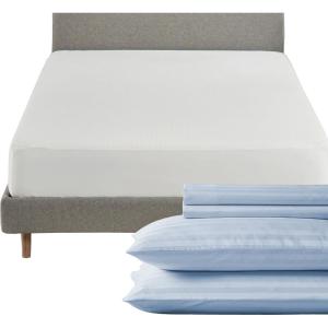 image5 Piece King Size Stripped Sheet Set Light Blue and Waterproof Mattress Protector White Bundle  500 Thread Count 100 Cotton Sateen 4 Piece Sheet Set with 1 Mattress Protector