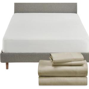 imageCalifornia Design Den 5 Piece King Size Sheet Set Beige and Waterproof Mattress Protector White Bundle  Rayon from Bamboo Sateen 4 Piece Sheet Set with 1 Mattress Protector