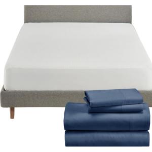 imageCalifornia Design Den 5 Piece King Size Sheet Set Navy Blue and Waterproof Mattress Protector White Bundle  500 Thread Count 100 Cotton Sateen 4 Piece Sheet Set with 1 Mattress Protector