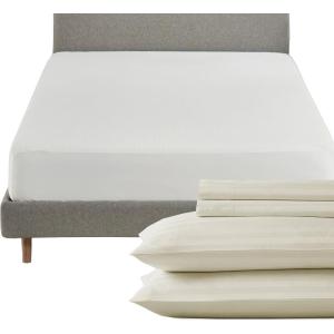 imageCalifornia Design Den 5 Piece King Size Stripped Sheet Set Ivory and Waterproof Mattress Protector White Bundle  500 Thread Count 100 Cotton Sateen 4 Piece Sheet Set with 1 Mattress Protector
