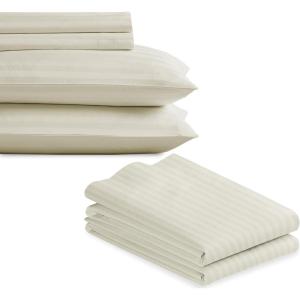 imageCalifornia Design Den Bedding Bundle  King Striped Sheet Set with 4 Pillowcases 500 Thread Count 100 Cotton Sateen Ivory Striped