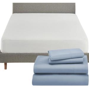 imageCalifornia Design Den 5 Piece Queen Size Sheet Set Blue and Waterproof Mattress Protector White Bundle  1000 Thread Count 100 Cotton Sateen 4 Piece Sheet Set with 1 Mattress Protector