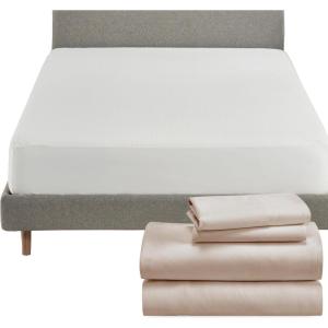 imageCalifornia Design Den 5 Piece Full Size Sheet Set Beige and Waterproof Mattress Protector White Bundle  Soft 100 Cotton Sateen 4 Piece Sheet Set with 1 Mattress Protector