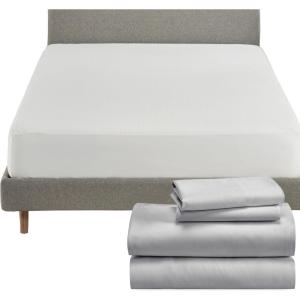 imageCalifornia Design Den 5 Piece Full Size Sheet Set Light Grey and Waterproof Mattress Protector White Bundle  Soft 100 Cotton Sateen 4 Piece Sheet Set with 1 Mattress Protector