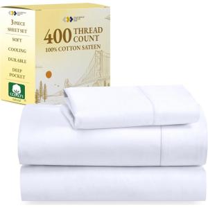 imageCalifornia Design Den Twin XL Sheets Set  Soft 400 Thread Count Sateen Natural 100 Cotton Sheets Deep Pockets with All Around Elastic for a Snug Fit Cool ampamp Durable Bedding Set  White