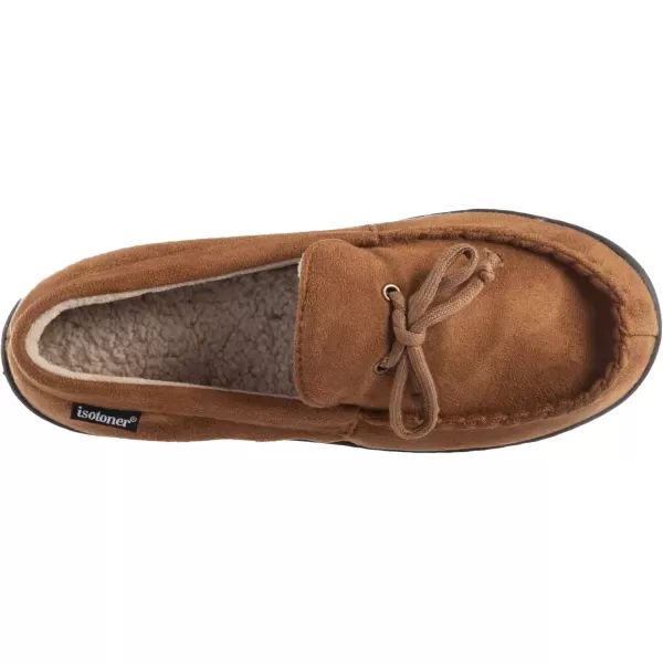imageIsotoner Mens Microsuede Moccasin Slippers  Mens Indoor and Outdoor Sole Slippers Features Memory Foam for a Customer Fit and Arch Support for AllDay Comfort Machine WashableBrown