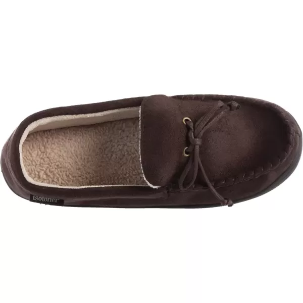 imageIsotoner Mens Microsuede Moccasin Slippers  Mens Indoor and Outdoor Sole Slippers Features Memory Foam for a Customer Fit and Arch Support for AllDay Comfort Machine WashableDark Chocolate