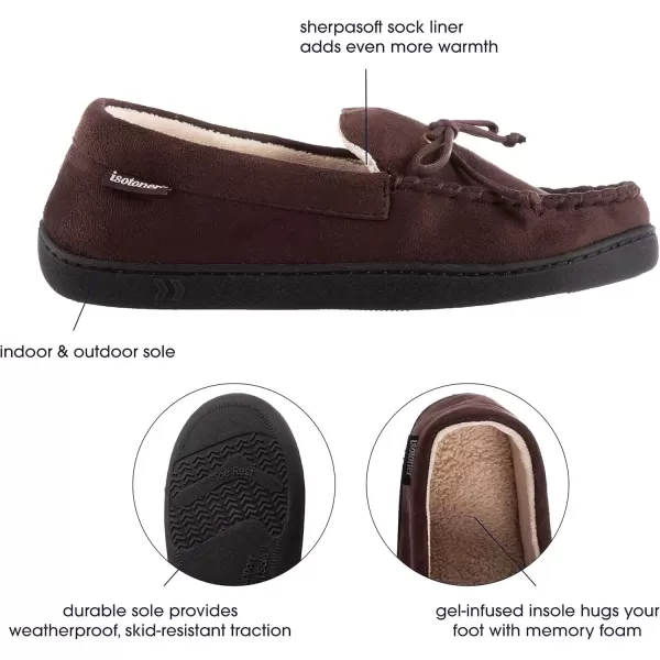 imageIsotoner Mens Microsuede Moccasin Slippers  Mens Indoor and Outdoor Sole Slippers Features Memory Foam for a Customer Fit and Arch Support for AllDay Comfort Machine WashableDark Chocolate