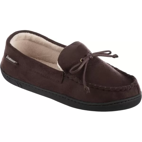 imageIsotoner Mens Microsuede Moccasin Slippers  Mens Indoor and Outdoor Sole Slippers Features Memory Foam for a Customer Fit and Arch Support for AllDay Comfort Machine WashableDark Chocolate