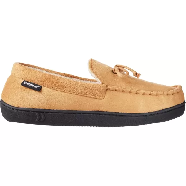 imageIsotoner Mens Microsuede Moccasin Slippers  Mens Indoor and Outdoor Sole Slippers Features Memory Foam for a Customer Fit and Arch Support for AllDay Comfort Machine WashableBuckskin