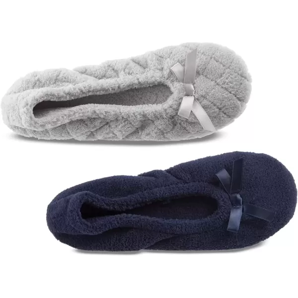 imageIsotoner Womens 2 Pack Mictroterry Ballerina Slipper with a Satin BowLight Grey Quilted  Navy Blue Solid