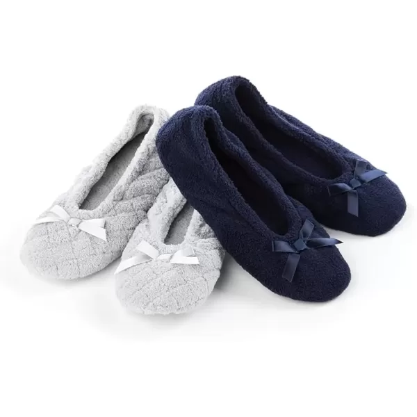 imageIsotoner Womens 2 Pack Mictroterry Ballerina Slipper with a Satin BowLight Grey Quilted  Navy Blue Solid