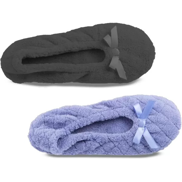 imageIsotoner Womens 2 Pack Mictroterry Ballerina Slipper with a Satin BowPeriwinkle Quilted  Ash Solid