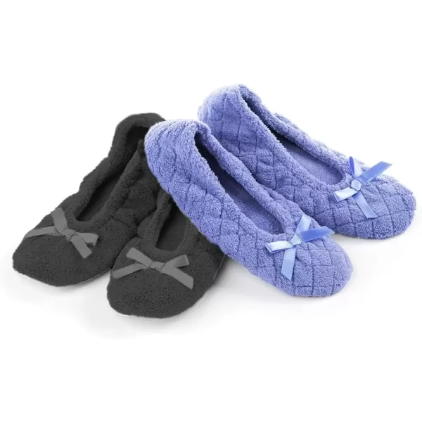 imageIsotoner Womens 2 Pack Mictroterry Ballerina Slipper with a Satin BowPeriwinkle Quilted  Ash Solid