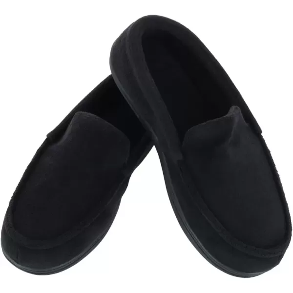 imageisotoner Mens Microterry and Waffle Travis Moccasin Slippers With Memory Foam Insole and Durable Rubber OutsoleBlack