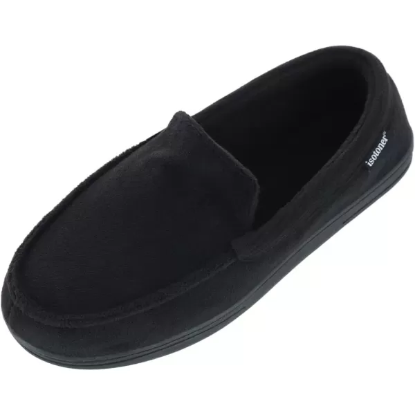 imageisotoner Mens Microterry and Waffle Travis Moccasin Slippers With Memory Foam Insole and Durable Rubber OutsoleBlack