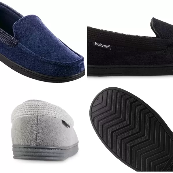 imageisotoner Mens Microterry and Waffle Travis Moccasin Slippers With Memory Foam Insole and Durable Rubber OutsoleNavy Blue