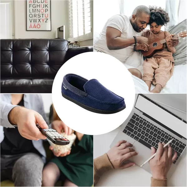 imageisotoner Mens Microterry and Waffle Travis Moccasin Slippers With Memory Foam Insole and Durable Rubber OutsoleNavy Blue