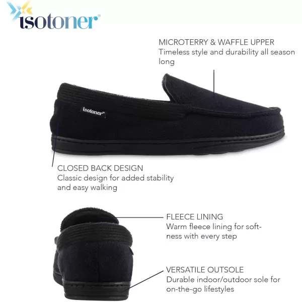 imageisotoner Mens Microterry and Waffle Travis Moccasin Slippers With Memory Foam Insole and Durable Rubber OutsoleNavy Blue