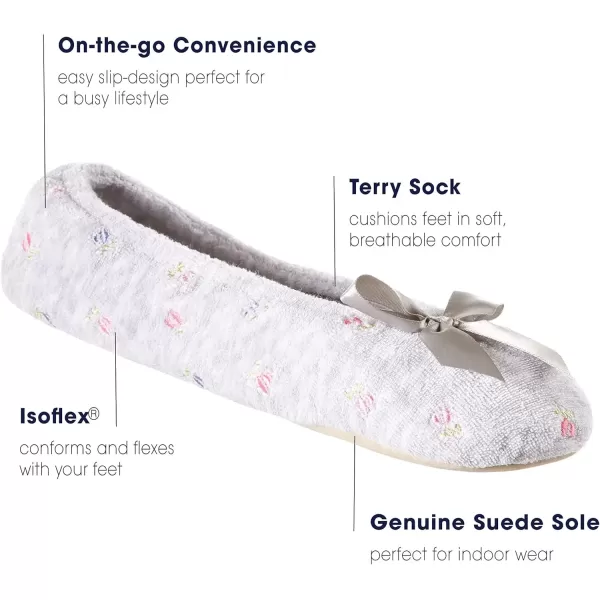 imageisotoner Womens Embroidered Terry Ballerina SlippersHeather Grey Soft Tie Bow