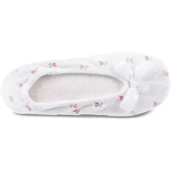 imageisotoner Womens Embroidered Terry Ballerina SlippersWhite Soft Tie Bow