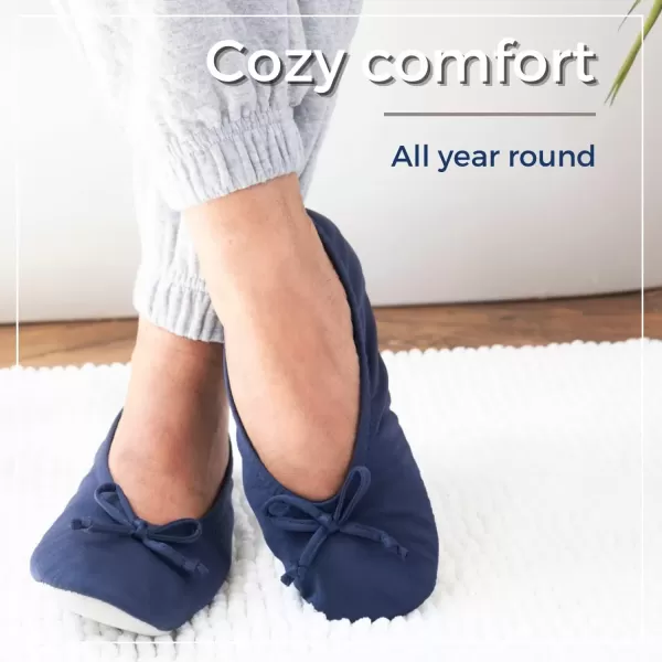 imageisotoner Womens Satin Ballerina Slippers with Classic Ribbon Or Soft Tie Bow and Suede SoleNavy Blue Soft Tie Bow