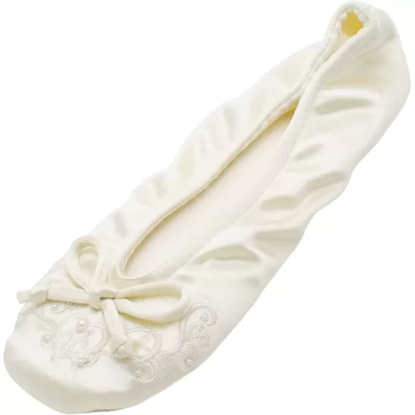 imageisotoner Womens Satin Ballerina Slippers with Embroidered PearlIvory