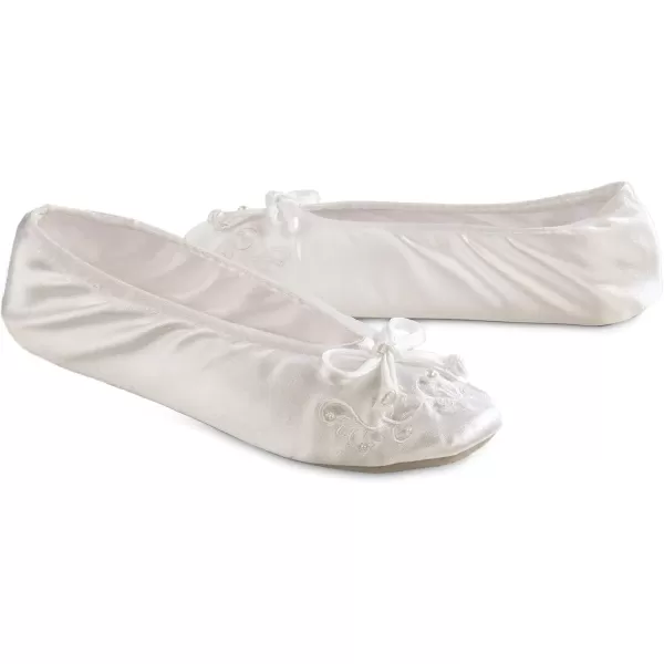 imageisotoner Womens Satin Ballerina Slippers with Embroidered PearlWhite