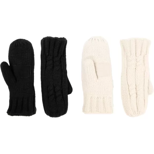 imageisotoner Womens Chunky Cable Knit Sherpasoft MittensBlack  Ivory 2 Pack