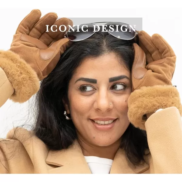 imageisotoner Womens Mya Microsuede Glove With Faux Fur Cuff Detail Touchscreen Compatible and Water RepellentCognac
