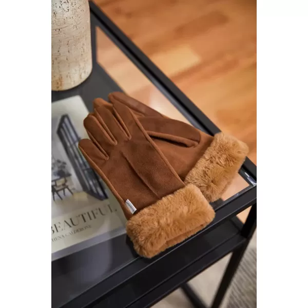 imageisotoner Womens Mya Microsuede Glove With Faux Fur Cuff Detail Touchscreen Compatible and Water RepellentCognac