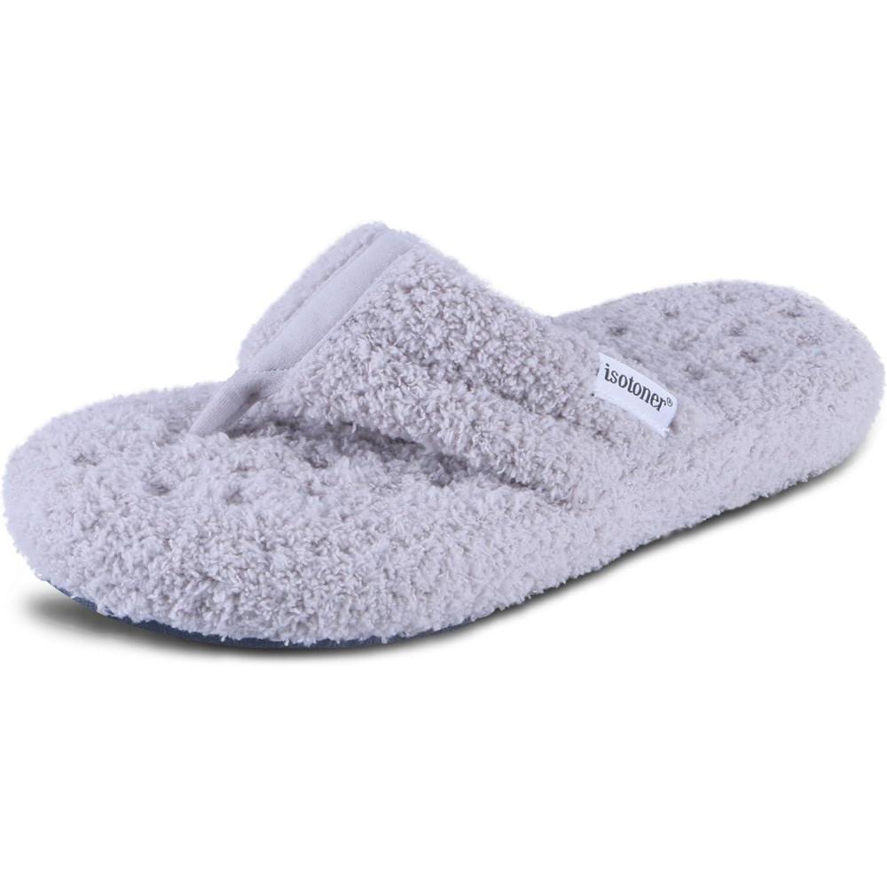 imageisotoner Womens Cozy Plush Terry Knit Joey Thong Slippers with Enhanced Heel CushionLight Grey