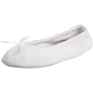 image:imageIsotoner Womens Classic Terry Ballerina Slipper Soft Breathable Terry Lined Satin Bow Secure FitWhite Stripe