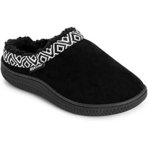 image:imageisotoner Womens Fiona Berber Clog Slippers Black with Nordic Trim Enhanced Heel Support Machine Washable Indoor Outdoor