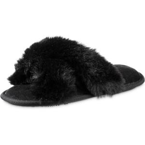 image:imageisotoner Womens Fuzzy Slipper Cozy Flipflop With a Furry Cross Band and Plush Fluffy Terry CushionBlack