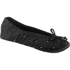 image:imageisotoner Womens Rose Quilted Ballerina Slippers With Rhinestone Embellishment and Genuine Suede SoleBlack